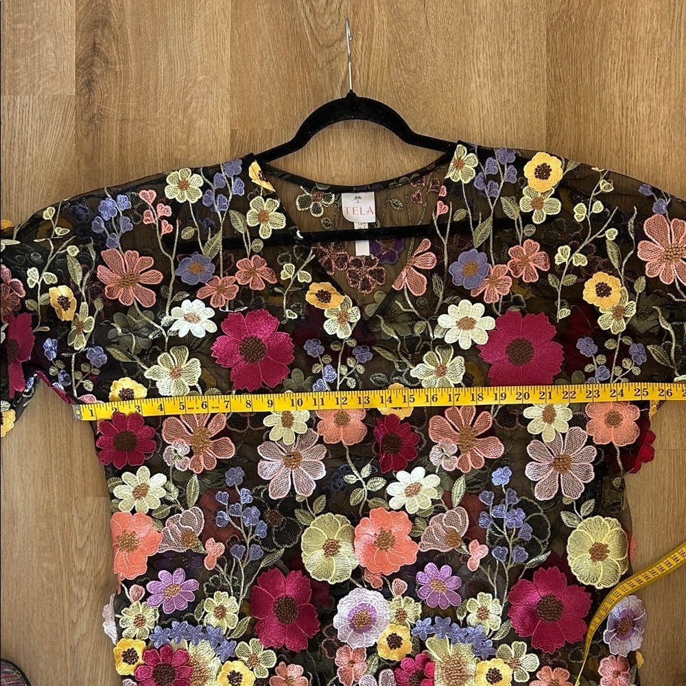 Tela Black Sheer Floral Summer Mini Dress 3D florals size L - Picture 10 of 11